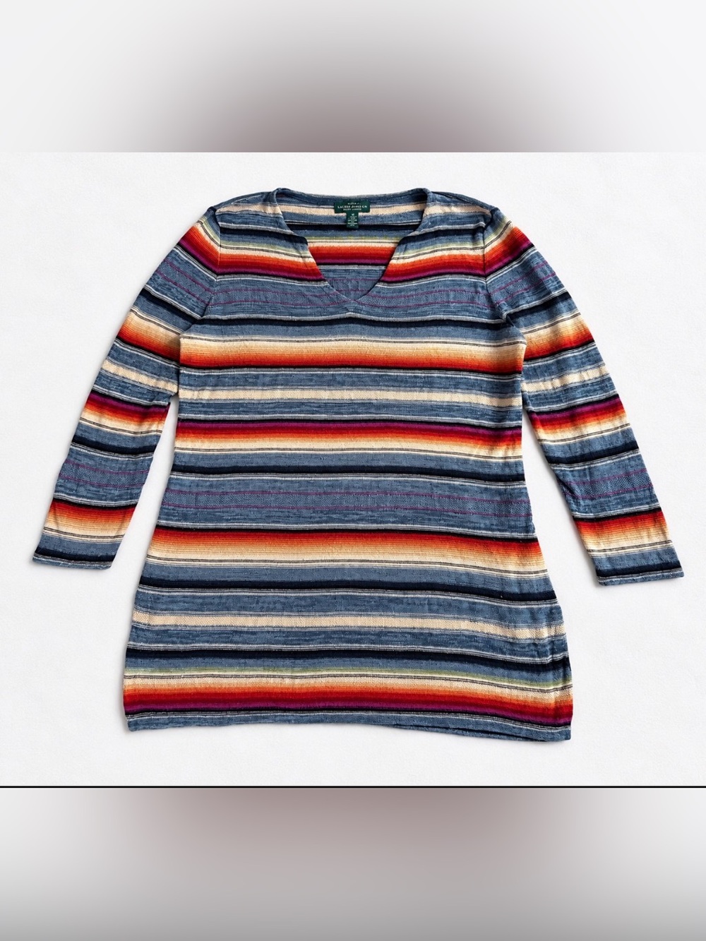LRL Ralph Lauren Striped V-Neck Long Sleeve Linen & Cotton Serafe Print